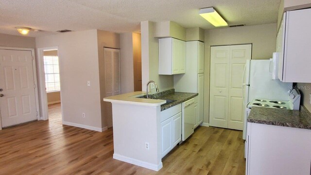 1071 S Hiawassee Rd Unit 1211, Orlando, FL 32835 - kitchen featuring dark countertops, a sink, light wood-style floors, white appliances, and a peninsula