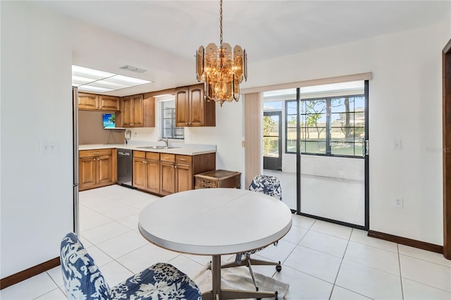 dining area featuring light tile patterned flooring, baseboards, a notable chandelier, and visible vents