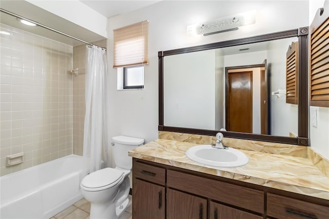 full bath with toilet, tile patterned floors, shower / bath combination with curtain, and vanity