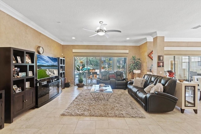 11502 Waterstone Loop Dr, Windermere, FL 34786 - living room featuring a ceiling fan, a textured ceiling, ornamental molding, and recessed lighting