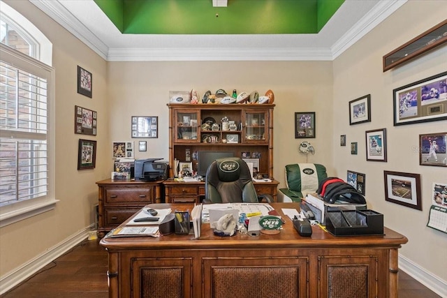 11502 Waterstone Loop Dr, Windermere, FL 34786 - office area featuring dark wood finished floors, baseboards, and ornamental molding