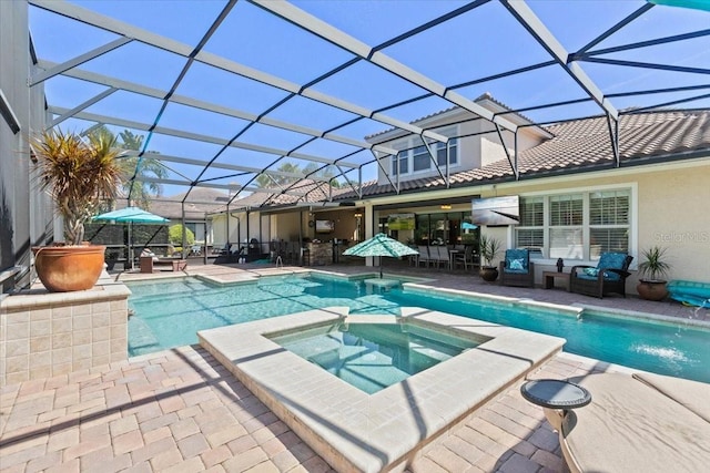 11502 Waterstone Loop Dr, Windermere, FL 34786 - view of pool featuring a patio area, a pool with connected hot tub, an outdoor hangout area, and glass enclosure