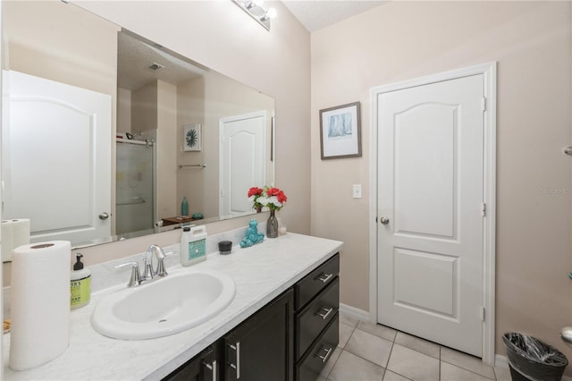 2952 Boating Blvd, Kissimmee, FL 34746 - bathroom with vanity, tile patterned floors, baseboards, visible vents, and a stall shower