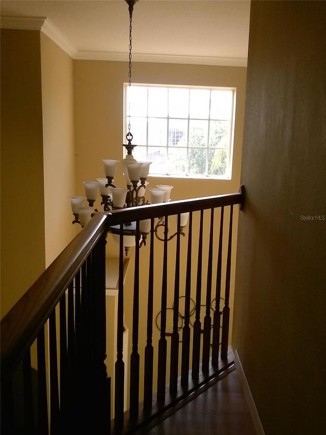 2011 N 61st St, Tampa, FL 33619 - staircase featuring ornamental molding, baseboards, wood finished floors, and a chandelier