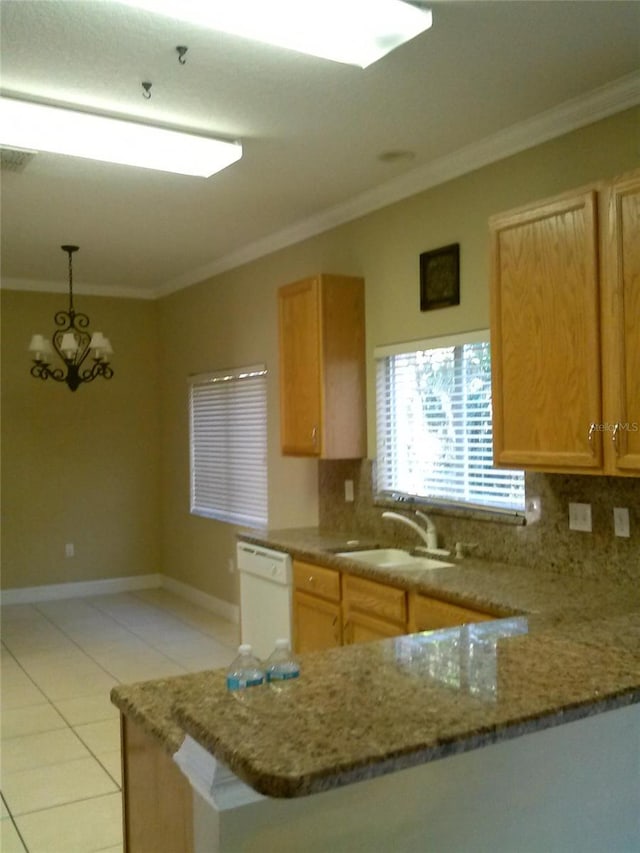 2011 N 61st St, Tampa, FL 33619 - kitchen featuring white dishwasher, ornamental molding, backsplash, a sink, and light tile patterned floors