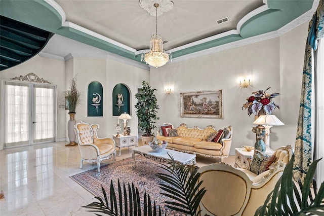 living area with visible vents, crown molding, a raised ceiling, marble finish floor, and a notable chandelier