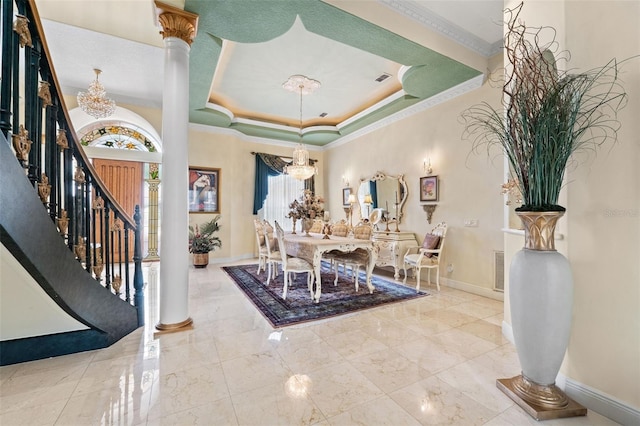 dining area featuring stairs, baseboards, an inviting chandelier, and ornamental molding