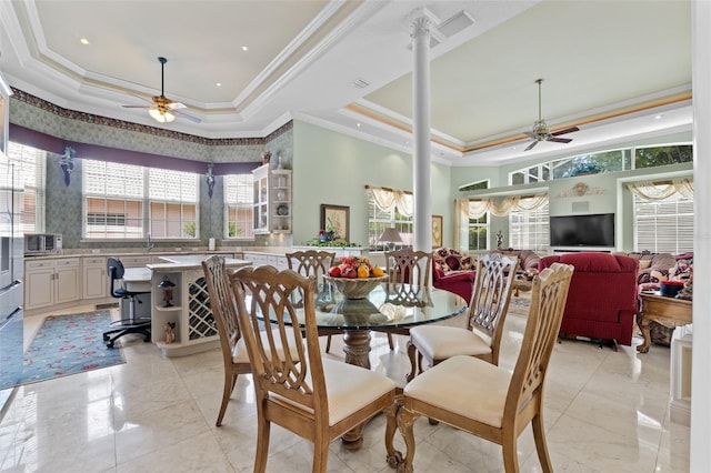 dining area with a raised ceiling, a ceiling fan, and a wealth of natural light
