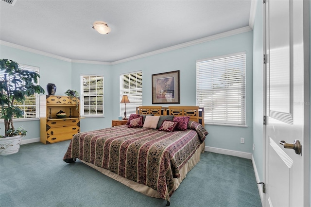 carpeted bedroom with baseboards, ornamental molding, and visible vents