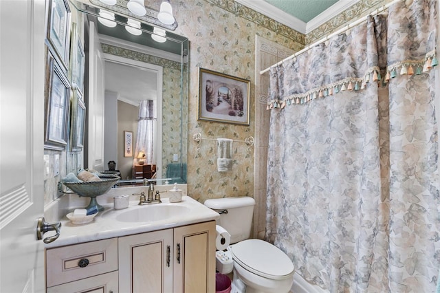bathroom with toilet, wallpapered walls, ornamental molding, and vanity