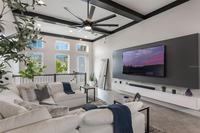 living room featuring a ceiling fan, beamed ceiling, a high ceiling, recessed lighting, and light tile patterned flooring