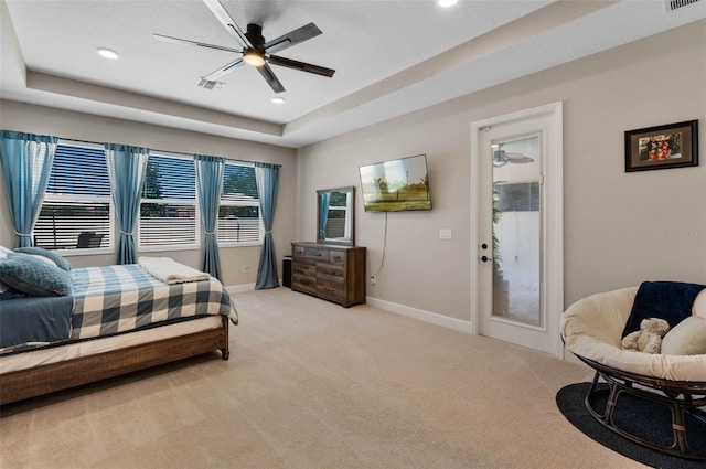 3332 Lone Cypress Pt, Oviedo, FL 32765 - bedroom featuring light carpet, recessed lighting, baseboards, a raised ceiling, and a ceiling fan