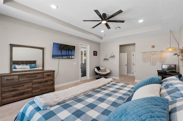3332 Lone Cypress Pt, Oviedo, FL 32765 - bedroom featuring light colored carpet, a raised ceiling, baseboards, recessed lighting, and ceiling fan