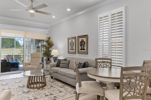 3078 Isles Way, New Smyrna Beach, FL 32168 - living room featuring ornamental molding, a ceiling fan, recessed lighting, and wood finished floors
