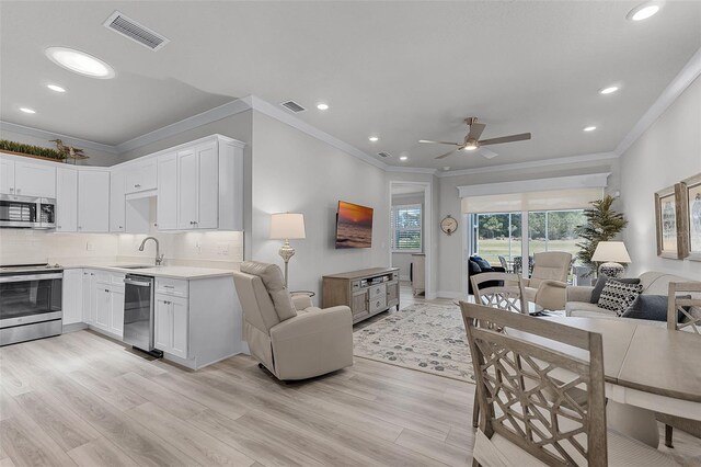 3078 Isles Way, New Smyrna Beach, FL 32168 - kitchen featuring appliances with stainless steel finishes, a sink, crown molding, open floor plan, and ceiling fan