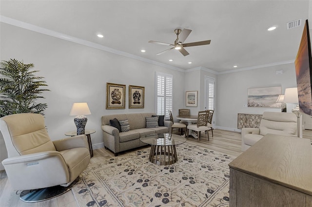 3078 Isles Way, New Smyrna Beach, FL 32168 - living area featuring ceiling fan, ornamental molding, light wood-style floors, baseboards, and recessed lighting