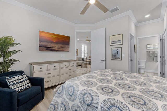 3078 Isles Way, New Smyrna Beach, FL 32168 - bedroom featuring ornamental molding, light wood finished floors, ensuite bath, and a ceiling fan