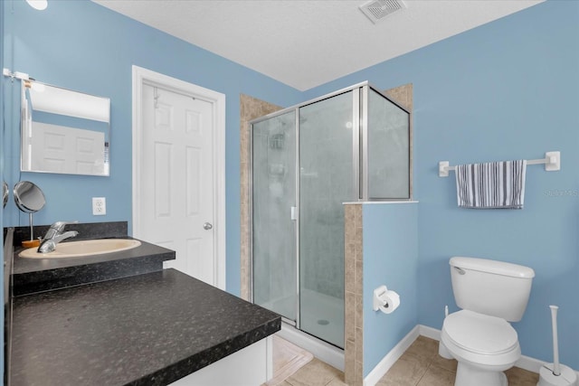full bath with baseboards, visible vents, a shower stall, and tile patterned flooring