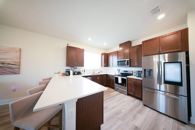 kitchen with visible vents, a sink, a peninsula, light wood-style floors, and stainless steel appliances