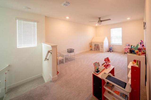 recreation room with visible vents, carpet floors, baseboards, recessed lighting, and a ceiling fan