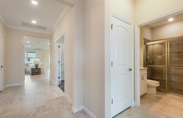 hall with recessed lighting, light tile patterned floors, visible vents, baseboards, and ornamental molding
