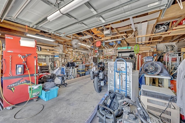 garage with a workshop area