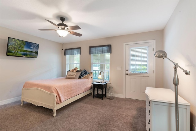 bedroom featuring baseboards, carpet, and a ceiling fan