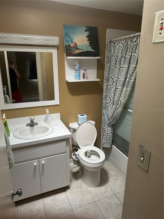 full bathroom with toilet, shower / bathtub combination with curtain, tile patterned flooring, and vanity