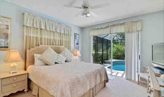 bedroom with access to exterior, ceiling fan, and light carpet