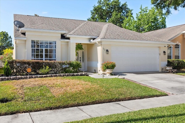 342 Hanging Moss Cir, Lake Mary, FL 32746 - single story home featuring stucco siding, a shingled roof, a garage, a front lawn, and concrete driveway