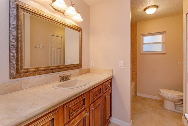 bathroom with walk in shower, a tub to relax in, toilet, vanity, and baseboards
