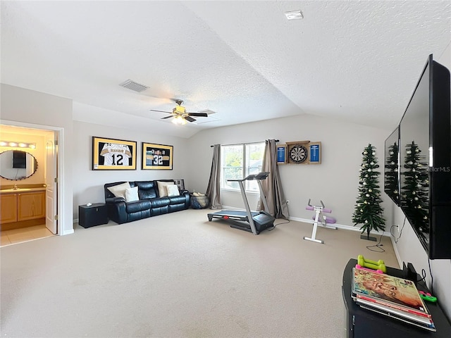 12724 Bideford Ave, Windermere, FL 34786 - workout room with a ceiling fan, vaulted ceiling, carpet flooring, and a textured ceiling