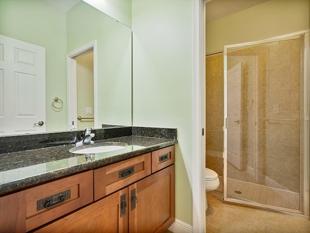 bathroom featuring vanity, tile patterned floors, a shower stall, and toilet