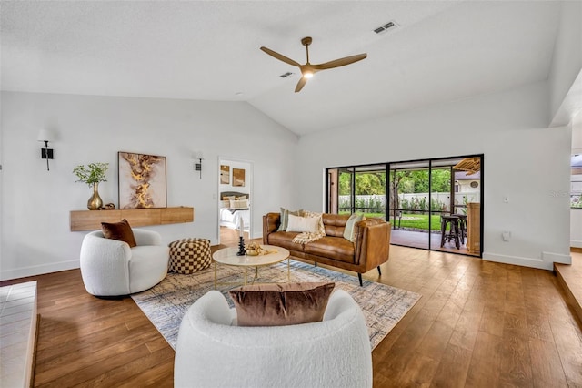 1218 Fairway Dr, Winter Park, FL 32792 - living room with ceiling fan, wood-type flooring, baseboards, and high vaulted ceiling