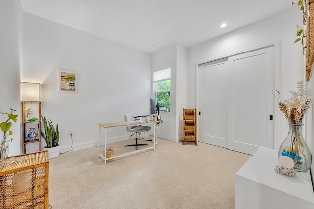 office with baseboards, light carpet, and recessed lighting