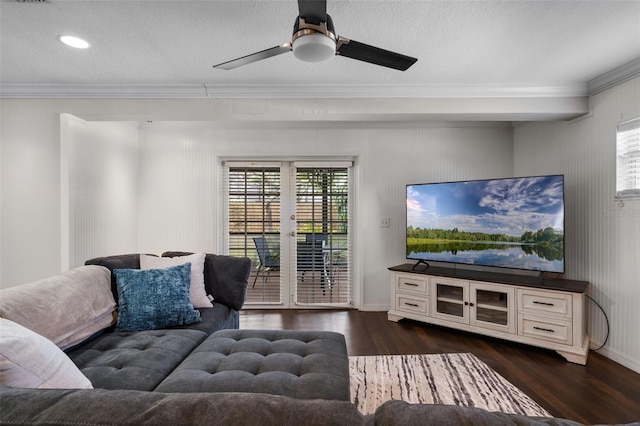 4118 Teriwood Ave, Orlando, FL 32812 - living area featuring crown molding, baseboards, a textured ceiling, a ceiling fan, and dark wood finished floors