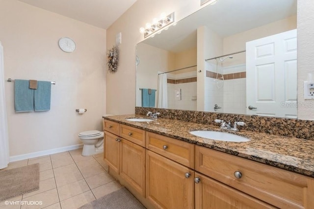 full bath featuring tile patterned flooring, a sink, toilet, and tiled shower