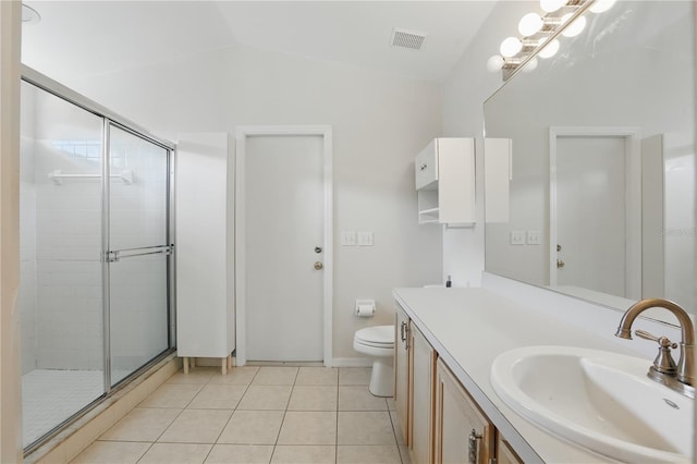 full bath with visible vents, vanity, lofted ceiling, toilet, and a stall shower