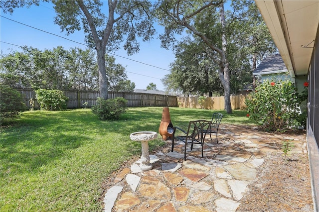 view of yard featuring a patio and a fenced backyard