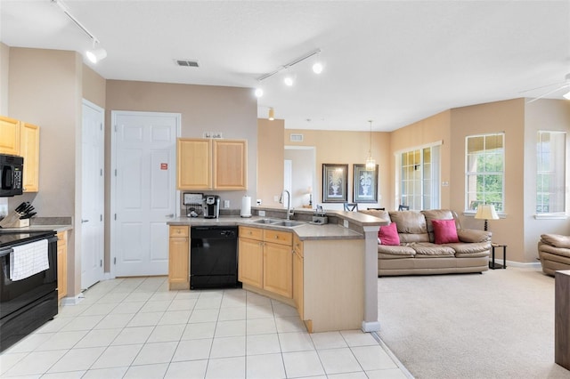 kitchen featuring black appliances, light brown cabinetry, and a sink