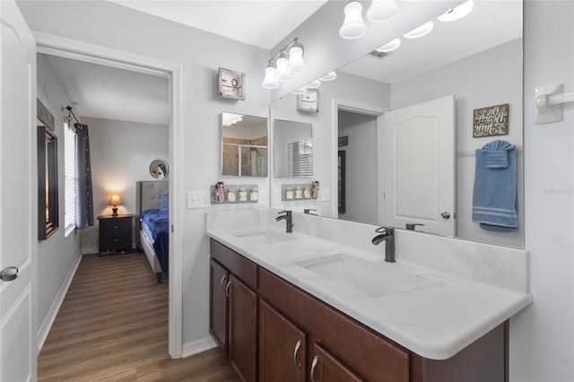 bathroom featuring a sink, double vanity, wood finished floors, and connected bathroom