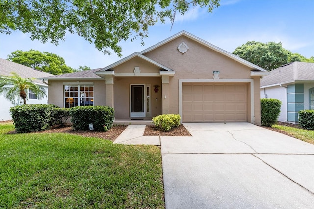 3661 Kingswood Ct, Clermont, FL 34711 - ranch-style home with a garage, stucco siding, driveway, and a front lawn