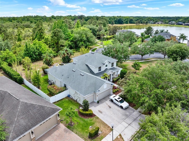 drone / aerial view featuring a water view