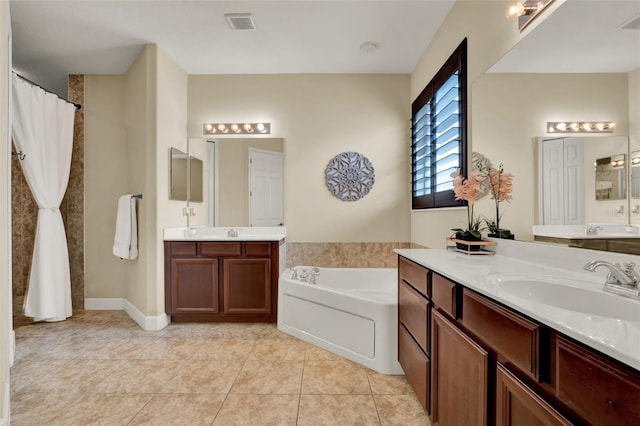 full bath featuring a shower with curtain, tile patterned floors, a sink, and a bath