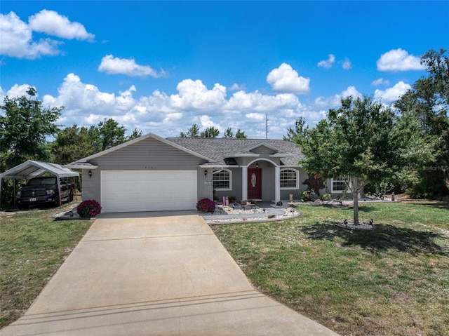 ranch-style home with a shingled roof, a front lawn, a garage, stucco siding, and concrete driveway