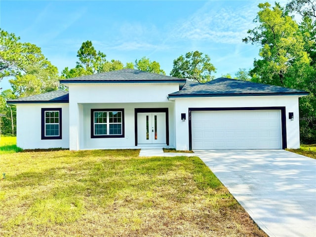 8120 N Maltese Dr, Citrus Springs, FL 34433 - ranch-style home featuring stucco siding, a front yard, a garage, concrete driveway, and a shingled roof