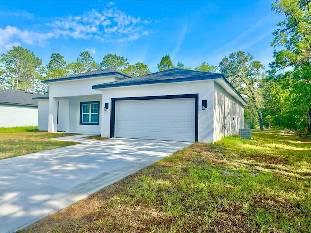 8120 N Maltese Dr, Citrus Springs, FL 34433 - ranch-style home featuring stucco siding, a garage, driveway, a front yard, and central AC