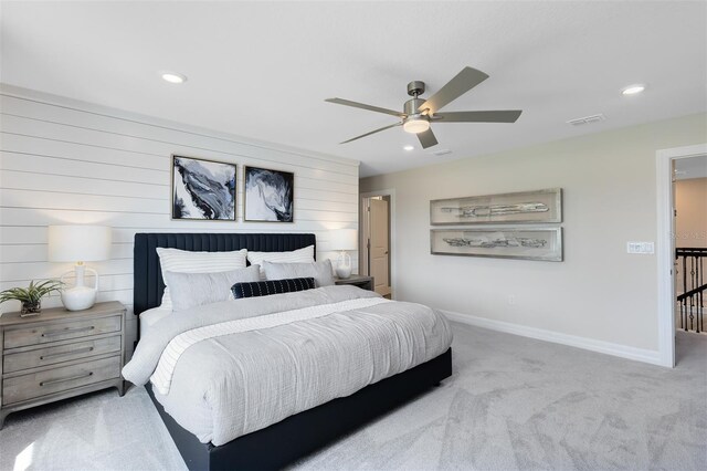 carpeted bedroom featuring visible vents, recessed lighting, and ceiling fan