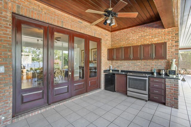 2828 Marquesas Ct, Windermere, FL 34786 - kitchen featuring wood ceiling, stainless steel range with electric cooktop, light tile patterned flooring, dark countertops, and ceiling fan