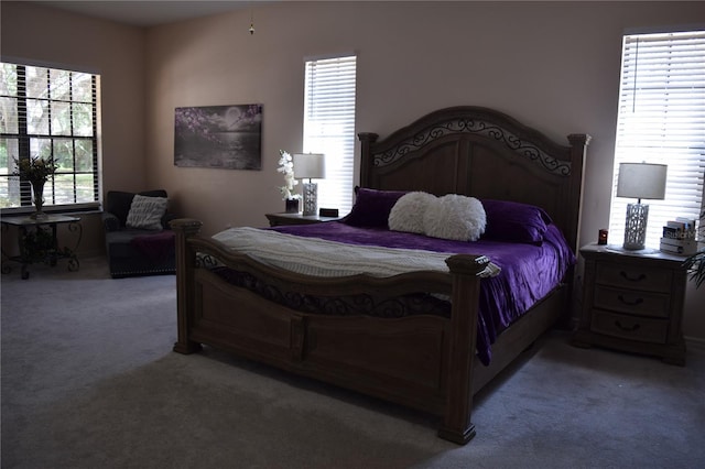 bedroom with light colored carpet